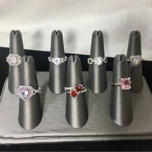 Lot of 7 Silver Toned Fashion Jewelry Rings Size 7 8 CZ Love Heart pink red